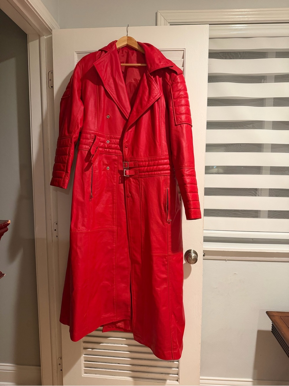 Women's Red Leather Long Trench Coat - Classic Belted Style